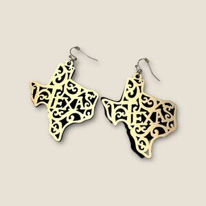 Texas State-Shaped Wood & Gold-Tone Drop Earrings With Intricate Cutout Design